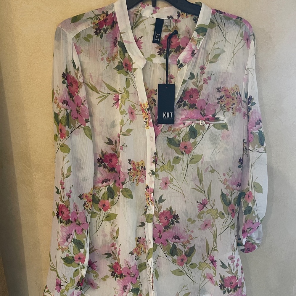 NWT KUT floral button up sheer blouse
